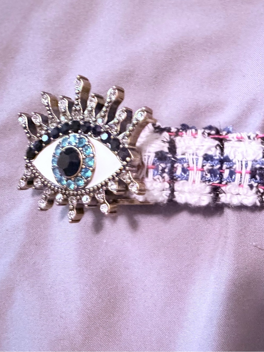 Kurt Geiger Tweed Belt with Decorative Eye Buckle in Blue, White and Pink